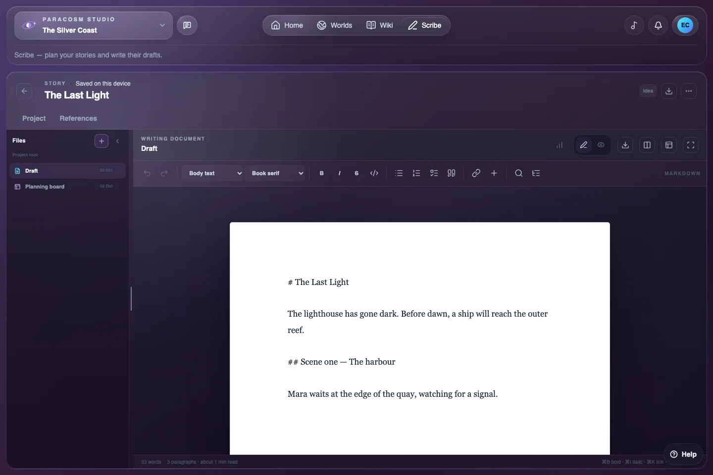 A story document open in Scribe with the project’s writing files alongside the editor.