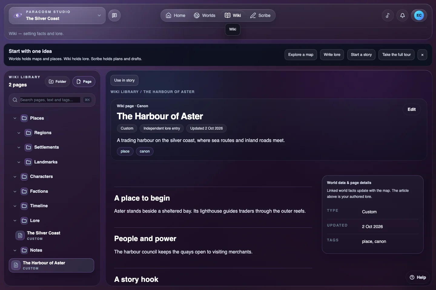 The Paracosm Studio Wiki with setting folders, a selected lore page and its writing workspace.