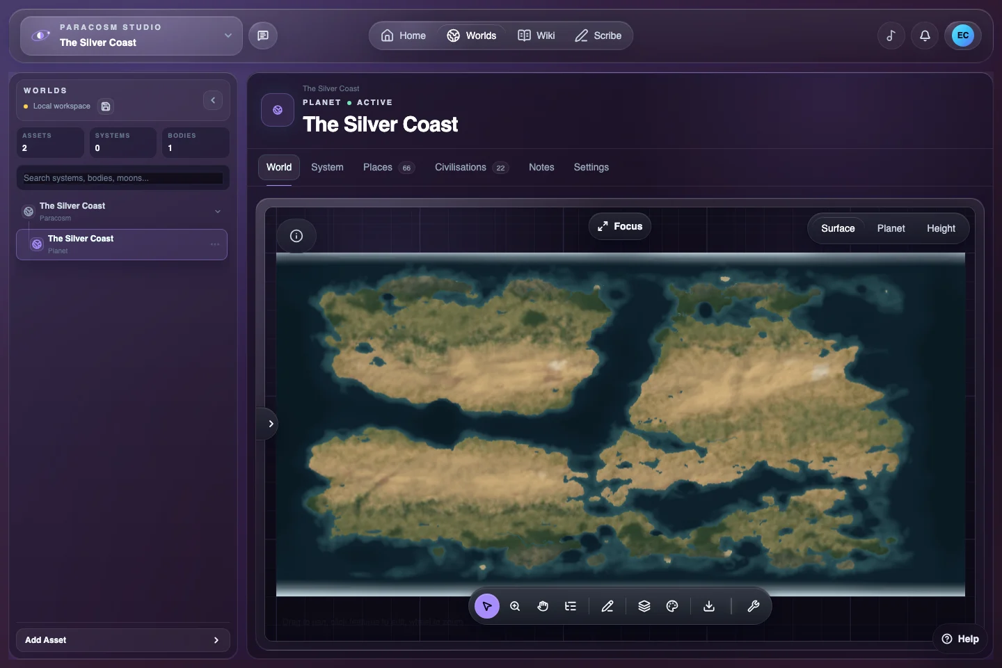 A generated planet map open in Paracosm Studio, with the world asset tree and map controls around it.