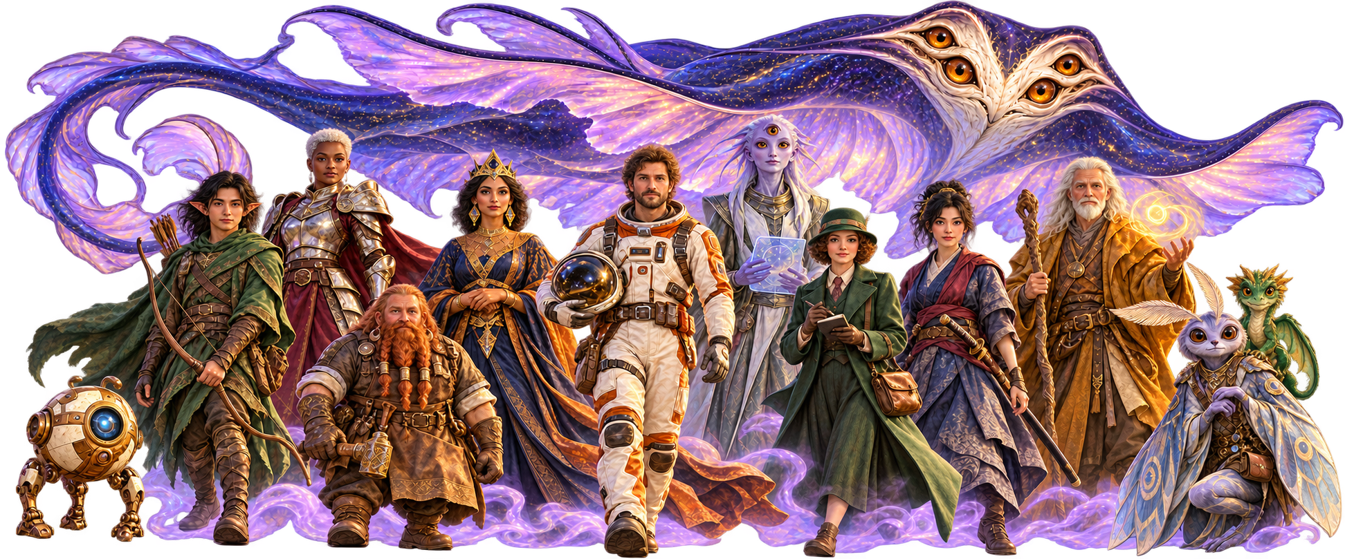 A purple leviathan above an elf ranger, knight, dwarf, queen, astronaut, alien scholar, detective, swordswoman, wizard, robot, moth creature and little dragon, all looking towards you.