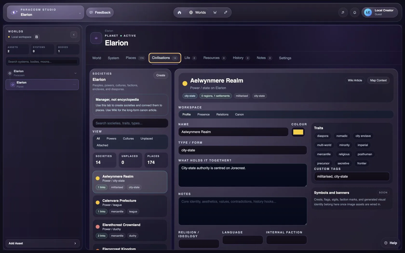 Civilisations and territories in Paracosm Studio
